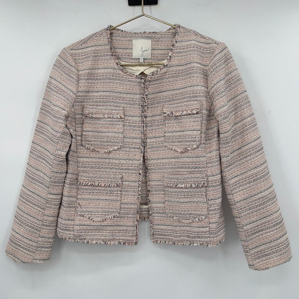 Joie Pink & Navy Striped Tweed Fringe Jacket/ Blazer Women’s Medium